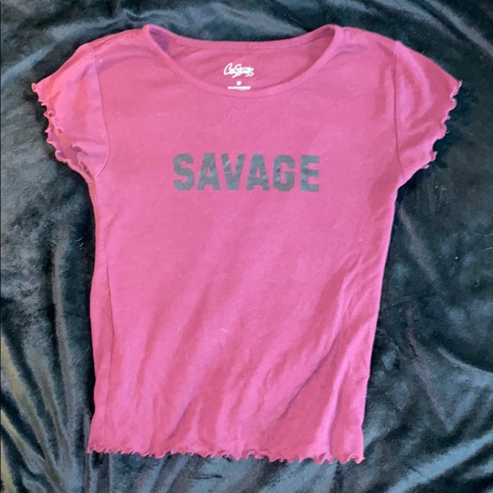 Maroon lettuce trim “savage” t-shirt